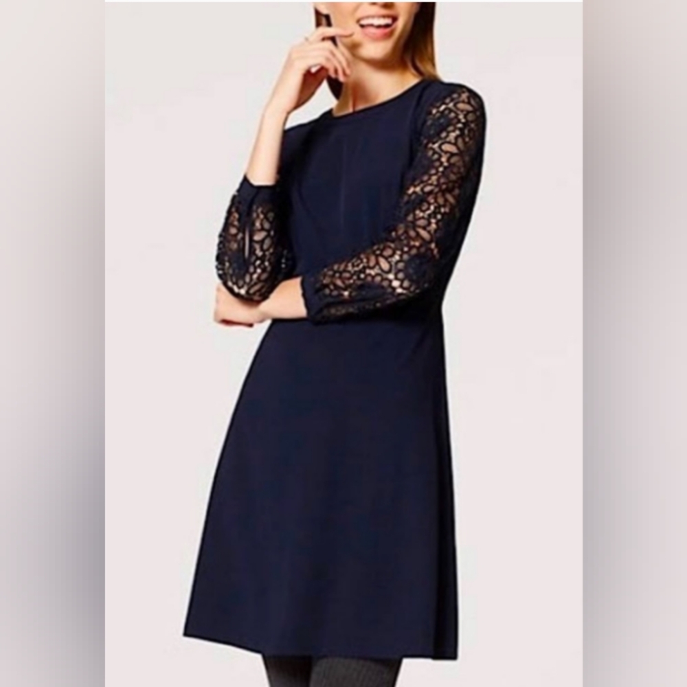 Loft Outlet Navy Blue Long Open Lace Sleeve Zip Up Semi Formal Midi Dress  Sz 8